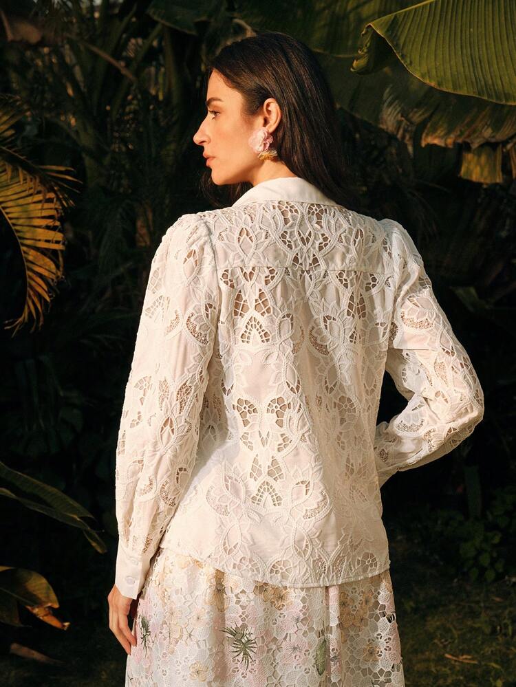 Solid Color Stand Collar Embroidered Hollow-Out Long Sleeve Elegant Blouse For Women, Festival, Going Out, Vacation, Spring