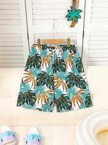 SHEIN Teen Boy Summer Tropical Plant Print Drawstring Waist Swimming Shorts