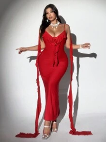 Viva Relle Vestido de tirantes con escote en V y volantes para mujer talla grande, romántico para citas de San Valentín, fiestas y días festivos