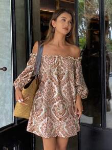 DAZY 1pc Women's Floral Print Off-Shoulder Loose Vacation Bohemian Style Long Sleeve Shirt, Summer,Fall Clothes Graphic Tee Boho - Brown - View 7