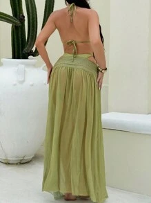 Bonvoyette 3 pièces/Set Femmes Sexy Bikini Brillant de Couleur Unie avec Col Halter, Décoré d'un Anneau Métallique Asymétrique et Robe de Plage Longue en Mesh, Tenue de Bain pour Vacances et Villégiature