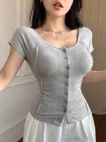DAZY 女士纯色圆领插肩袖短袖单排扣针织上衣夏季 - 灰色 - 查看 3