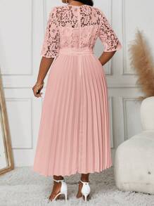 Fleurora Plus Size Holiday Casual Solid Color Lace Splice Empire Waist Pleated Hem Summer Dress Fall Women Clothes Fall Women Dresses