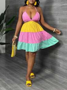 Slaydiva 大码女式 V 领细肩带拼色宽松腰 A 字形连衣裙 - C、甜美、度假、浪漫、性感 - 彩色 - 查看 8