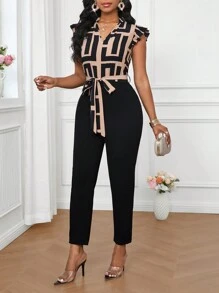 SHEIN Lady 荷叶边盖袖几何图案印花衬衫女式连体裤优雅派对、休闲日常、四季 - 彩色 - 查看 3