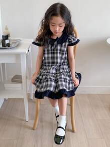 DAZY Young Girls' Plaid Bow Decor Ruffled Hem Cute Dress - Navy Blue - View 1