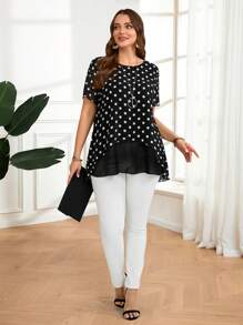 EMERY ROSE Große Größen Damen Polka Punkt Muster Rundhals Locker Kurzarm Bluse Sommer Kleidung Elegante Polka Punkt Arbeitskleidung für Damen