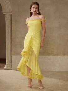 MOTF PREMIUM 女士弹力针织网眼浪漫露肩连衣裙 - 黃色 - 查看 1