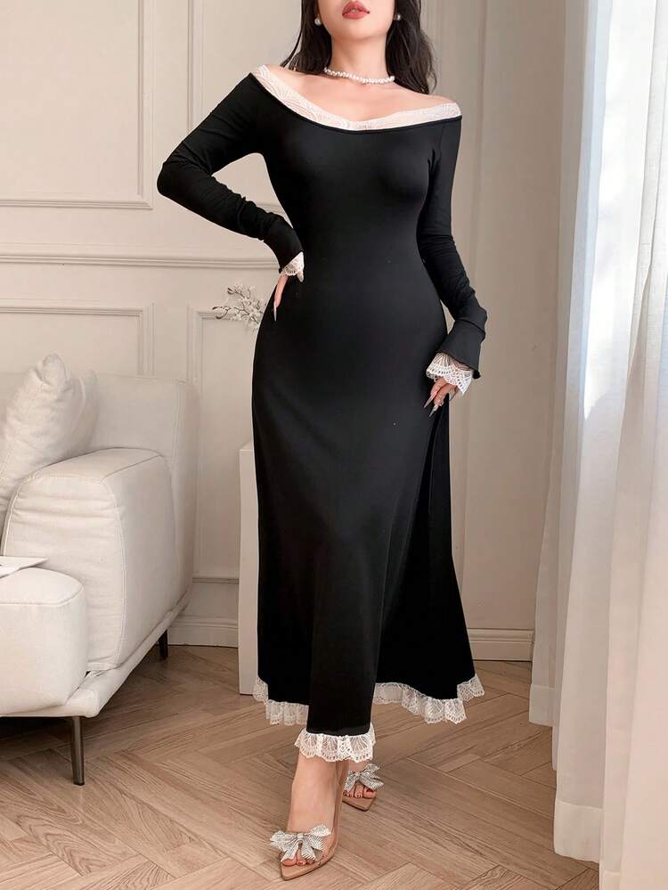 Lace Trim Color Blocking Slim Fit Mid-Length Bodycon Little Black Dress For Women, Suitable For Dates, Parties Elegant,Fall Dress Long Sleeve Dress Off Shoulder Maxi Dress