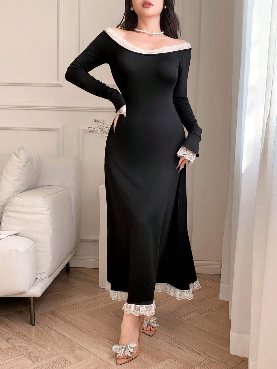 Lace Trim Color Blocking Slim Fit Mid-Length Bodycon Little Black Dress For Women,Off Shoulder Long Sleeve,Black And White,Winter,Ellegant,Date,Dining