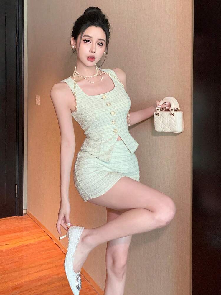 2pcs Plaid Patchwork Vest And Bodycon Mini Skirt Set, For Wedding And Party Summer