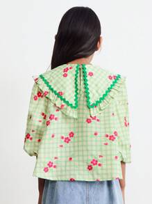 SHEIN 年轻女孩绿色蝴蝶结领荷叶边泡泡袖宽松衬衫，自然与度假风格，春季 - 綠色 - 查看 2