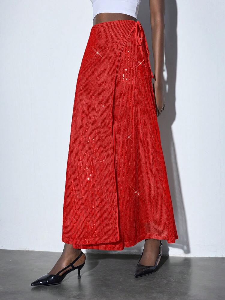 SHEIN Maija Women's Red Sequin Splicing Versatile Modern Party Wrap Tie Luxurious Elegant Female Party Valentine's Day Quirky Atmosphere Long Skirt Summer For Women Concert Women Skirt