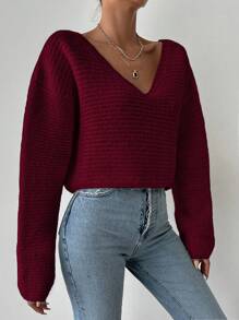 EURMUSE Women's Solid Color V-Neck Long Sleeve Casual Sweater, Autumn/Winter - Burgundy - View 5