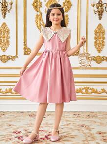 SHEIN Tween Girls Elegant Color-Matched Jacquard Sleeveless Beads Decor A-Line Dress - Pink - View 3