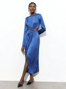 Maija Spring And Summer New Style Blue Waist Sexy Hollowed Out Metal Buckle Women's Long Dress Urban Modern Elegance Daily Casual Commuting Suitable For Going Out For Vacations, Festivals, Parties, Weddings And Dates Business Casual Women's Wear, Office Wear, Low-Key Old Money Style, Effortless Temperament, High-End Urban Commuting, The Same Style As The Editor-In-Chief Of The Magazine, Urban Social Vacation Party Wear, Charming, Low-Key And Durable Basic Style, Versatile And Not Picky Clothing, Street Fashion Wear, Clothing, Coffee Shop, Relaxed Wear