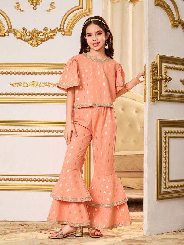 SHEIN Set de 2 piezas para niñas preadolescentes: Top suelto de manga abullonada corta con estampado metalizado de lunares en color rosa coral y pantalones rectos, adecuado para salidas, reuniones en Medio Oriente, Eid, Ramadán, Abaya de Ramadán