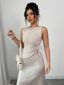 Elenzga 女士简约办公室卡其色圆领蝴蝶结抽绳无袖针织毛衣背心 - 摩卡棕 - 查看 6