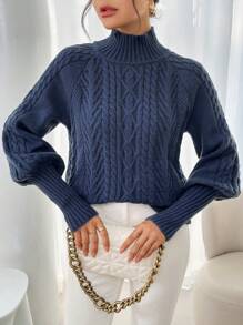 Women Plus Size Casual Solid Color Knitted Pullover Sweater, Versatile, High Neck, Long Sleeve - Blue - View 3