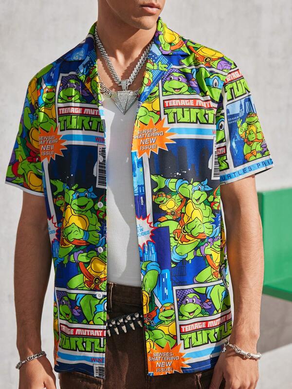 TEENAGE MUTANT NINJA TURTLES X SHEIN Cămașă hawaiană cu mânecă scurtă, țesută, ocazională, cu imprimeu
