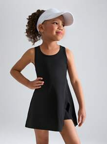 Rochie de sport elastică pentru fete tinere, fără mâneci, cu gâtul turn, cu pantaloni scurți de siguranță anti-sclipire, fustă confortabilă cu design despicat, potrivită pentru tenis, badminton, dans, alergare, sporturi în aer liber, vară