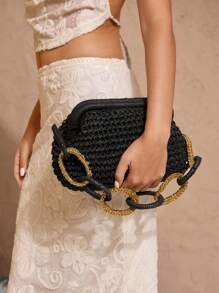 SHEIN VCAY Women's Fashion Bohemian Style Straw Tote Bag, Suitable For Travel