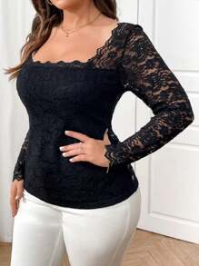 SHEIN Clasi Camiseta negra de manga larga, ajustada, con escote cuadrado, de encaje con parche, elegante y sexy para oficina, de uso casual, talla grande, para primavera/verano/otoño. - Negro - Ver 3