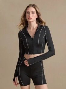 Gameset SHEIN Sport 2 件套拼色短款上衣和修身短裤运动套装 - 黑色 - 查看 6