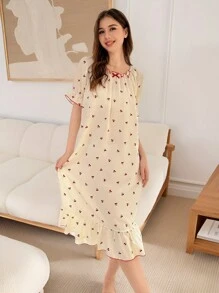 少女杏色底色搭配红樱桃印花舒适长袖睡袍家居服 - 杏色 - 查看 3