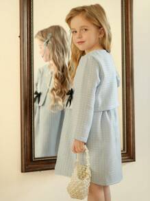 SHEIN Young Girl Front Button Long Sleeve Bow Decor Simple Jacket And Dress Set - Blue - View 6