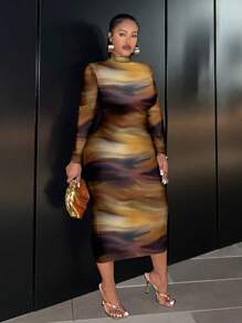 Slaydiva Pinselstrich bedrucktes lässiges minimalistisches Design Bodycon-Kleid in großen Größen mit Langarm