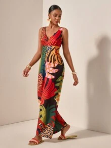 Zivah Nuevo mono de verano estilo chaleco con cuello en V, botones con decoración de ramas en el centro delantero, abertura amplia, piernas anchas, extra largo, estampado de lunares y leopardo para mujer - Multicolor - Ver 7