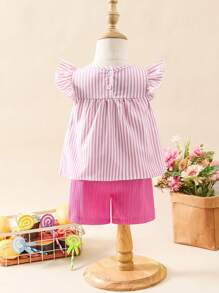 SHEIN 女婴休闲活力假日条纹涂鸦印花盖袖上衣搭配粉色短裤套装，活泼可爱的彩色装扮，适合春季出游 - 粉色 - 查看 2