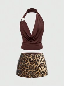 ROMWE Grunge Punk 2pcs/Set Women Solid Scoop Neck Tank Top And Leopard Printed Shorts - Brown - View 1