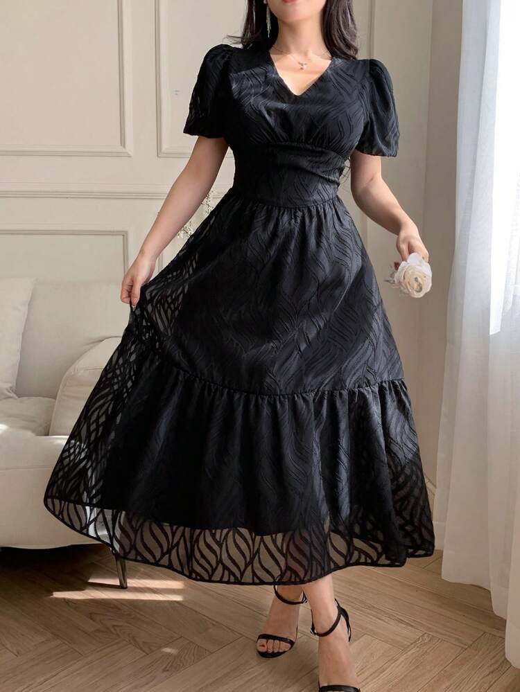 Women's City Party Textured Puff Sleeve Midi Dress, Spring/Summer