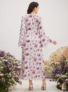 Al Najma 女士浪漫粉色花卉印花撞色蕾丝长袖喇叭袖阿拉伯传统连衣裙春季情人节花卉连衣裙女士、卡夫坦和贾拉比亚 - 珊瑚粉 - 查看 5