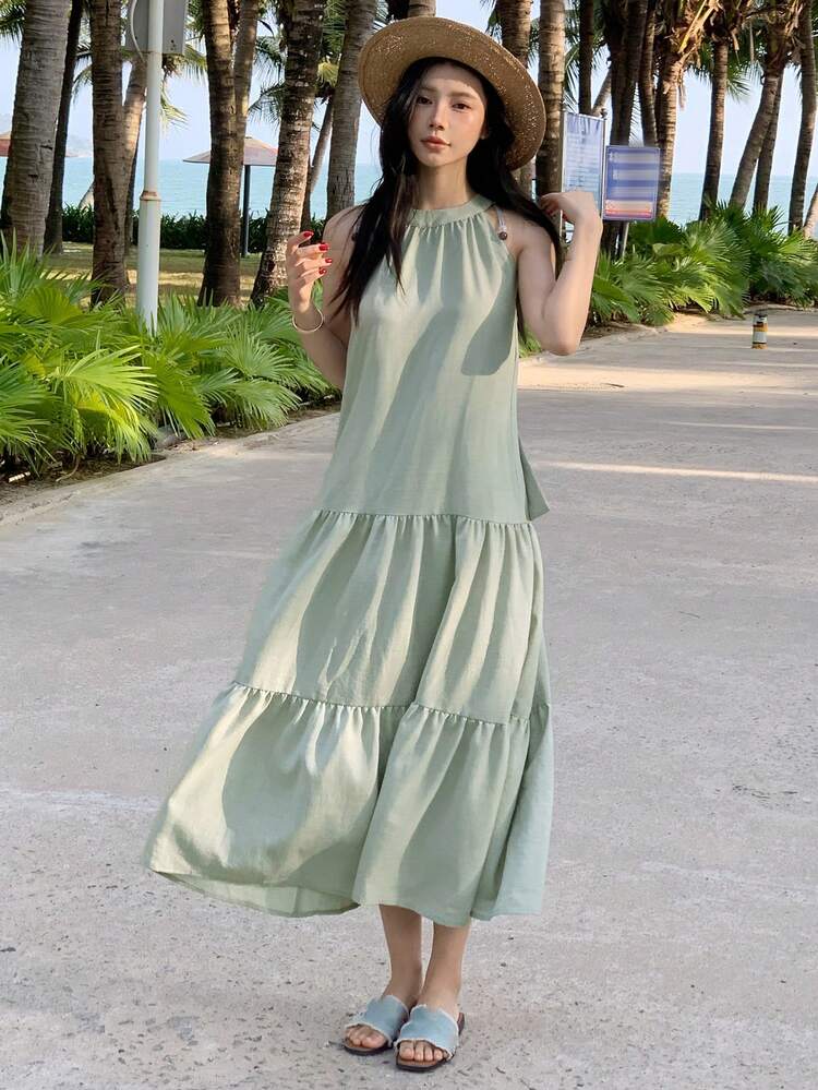 Women Solid Color Ruffled Hem Halter Midi Dress Summer Sundress,Casual Women Dresses