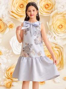 SHEIN Leap Crew Tween-Mädchen Elegantes ärmelloses Kleid mit Rundhalsausschnitt, Schleifendekor und Rüschensaum - Blau - Übersicht 5