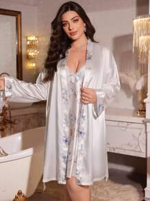 LuxeNights 蕾丝拼布花卉印花吊带睡袍和睡袍套装，仿丝大码家居服