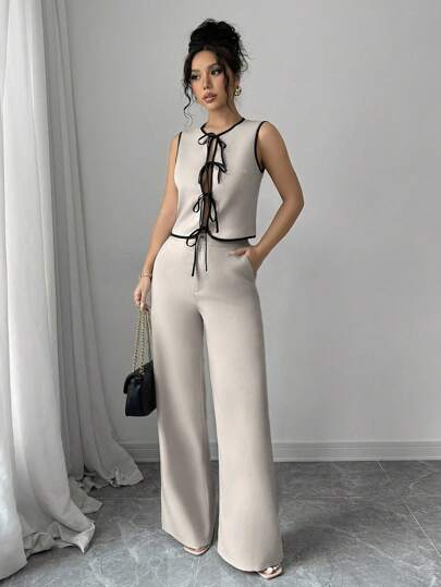 Siren Gaze Conjunto de dos piezas de mujeres para primavera y verano: Chaqueta de cárdigan con cordones, blusa con bloques de color y lazo, pantalón holgado de unicolor casual. Juego de top y pantalón largo de unicolor perfecto para uso diario, trabajo y tiempo libre.