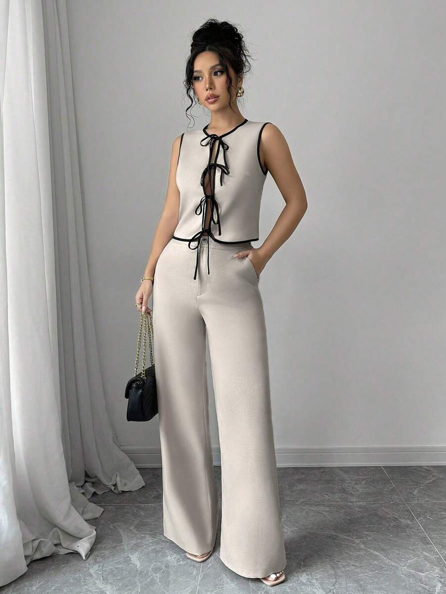 Siren Gaze Spring And Summer Women's Lace-Up Cardigan Suit, Color Block Bow, Women's Top, Solid Color Casual Loose Trousers, Women's Two-Piece Set, Daily Casual, Workplace Commuting Wear Ladies' Solid Color Top And Long Set, Perfect For Vacation/Leisure Time