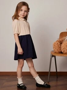 PrepCrw Vestido mini plisado en color durazno y marino con patchwork para niñas, primavera/verano - Multicolor - Ver 6