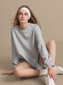 Gameset SHEIN Sport Women's Solid Color Crew Neck Drop Shoulder Long Sleeve Casual Sweatshirt - Light Grey - View 3