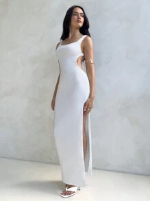 Aloruh Women's Vacation Sexy Bowknot Backless High Slit Dress, With Metal Ring Decor, White