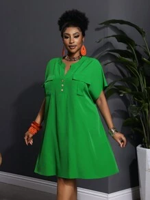 Slaydiva 2025 New Elegant Casual/Business Casual Women Shirt Dress With Pockets, V-Neck Loose Short Sleeve Mini Relaxed Dress - A