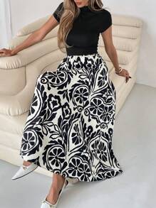 SHEIN Essnce Đầm dài thường ngày in hoa chắp vá cho nữ tay ngắn - màu đen - Xem 2