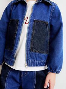 SHEIN Leap Crew Young Boys' Turn-Down Collar Loose Fit Contrast Color Denim Jacket - Blue - View 7