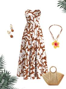 Vivid Eden Robe bandeau imprimée de plantes décontractée de vacances pour femmes - Kaki - Voir 8