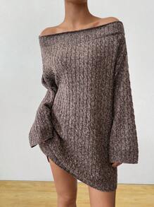 SHEIN LUNE Off Shoulder Loose Casual Women Sweater Dress, Suitable For Spring And Autumn - Red Violet - View 7