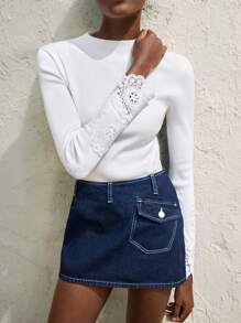 Maija Women's Casual Plain Color Lace Patchwork Slim Fit Sweater,Festival